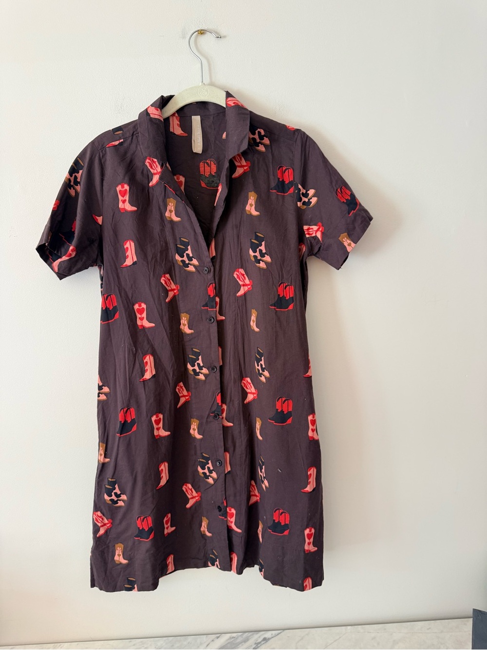 Mata Traders Black Short Button-Front Dress with Red Boot Print